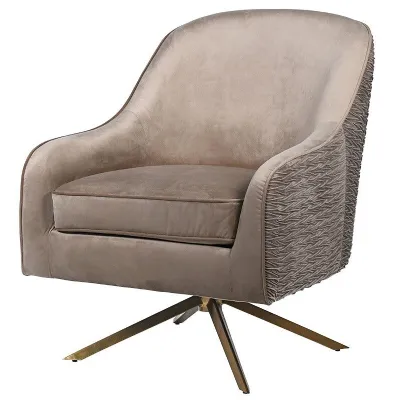 Modern Gold Leg Swivel Chair In Taupe Velvet