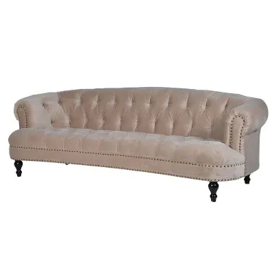Modern 3 Seater Neutral Velvet Sofa With Button Detailing