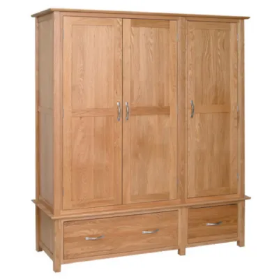 Large Oak 3 Door 2 Drawer Triple Wardrobe