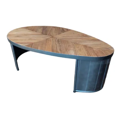 Modern Oval Recycled Wood Coffee Table with Pleated Metal Base