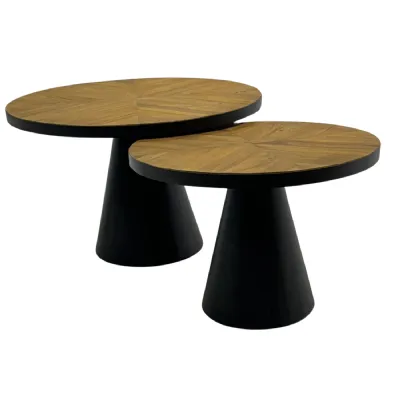 Modern Wood and Black Round Medium Coffee Table with Cone Base
