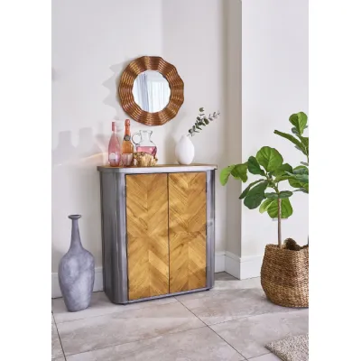 Modern Metal Framed Chevron Wood 2 Door Drinks Cabinet