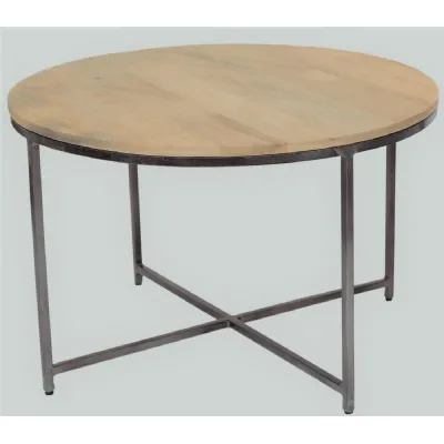 Industrial Natural Mango Wood Round Coffee Table with Black Metal Frame
