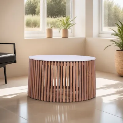 Modern Mango Wood Round Coffee Table with White Marble Top