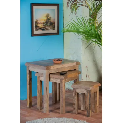 Rustic Solid Mango Wood Nest of 3 Tables