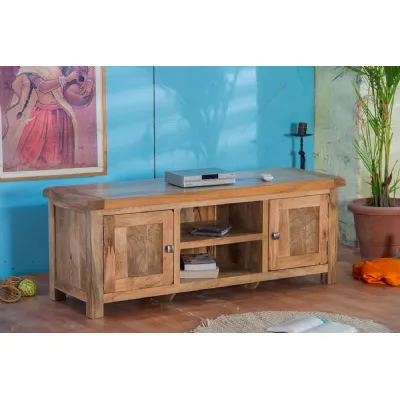 Rustic Natural Mango Wood 2 Door TV Unit