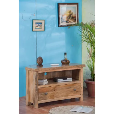 Rustic Solid Mango Wood Corner TV Unit with Drawer