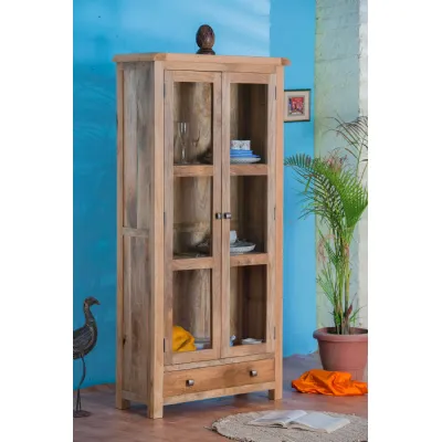 Rustic Natural Mango Wood Glazed Display Cabinet with Storage Drawer