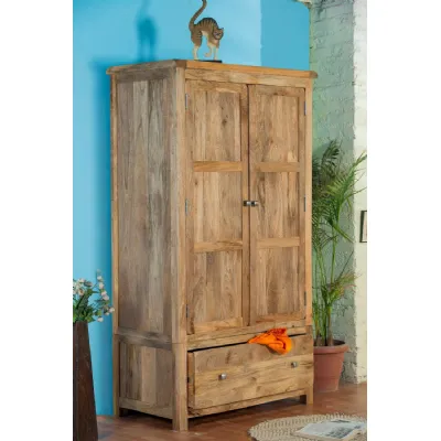 Natural Mango Wood 2 Door Wardrobe with Drawer and Internal Shelving