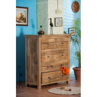 Rustic Natural Mango Wood 2 Over 3 Chest of Drawers with Iron Knob Handles