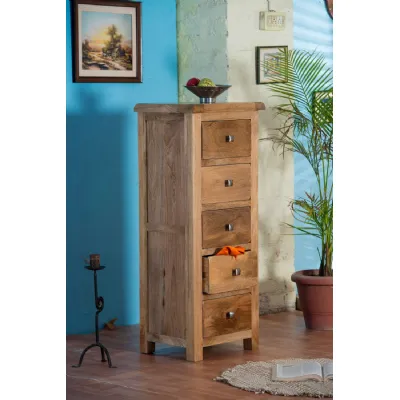 Rustic Natural Mango Wood 5 Drawer Tall Bedroom Chest