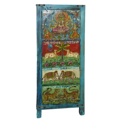 Hand Painted Blue and Multicoloured Tall Cabinet with Animal Motif Door