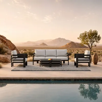 Modern 5 Seater Black Aluminium Outdoor Lounge Set with Light Grey Cushions
