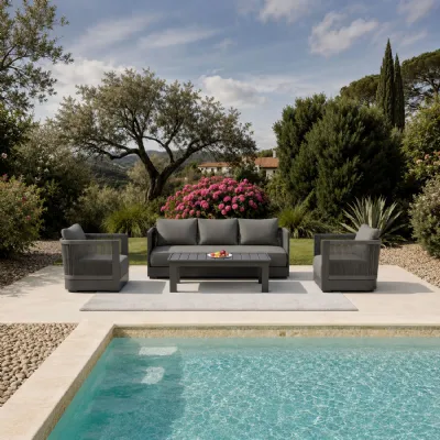 Modern 5 Seater Black Aluminium Outdoor Lounge Set with Dark Grey Cushions