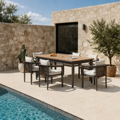 Modern 6 Seater Brown Aluminium Outdoor Dining Set with Armchairs