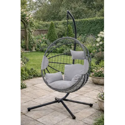 Light Grey Rattan Hanging Egg Chair Metal Framed