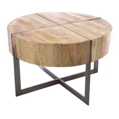 Natural Mango Wood Trunk Top Round Coffee Table with Black Metal Legs