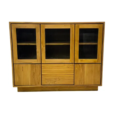 Natural Teak Ribbed Glass 3 Door Sideboard with Shelves