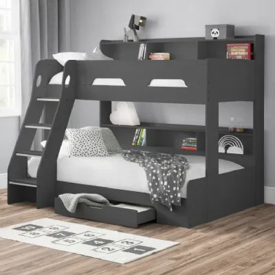 Black Triple Bunk Bed with Shelving Storage and Pull Out Drawer