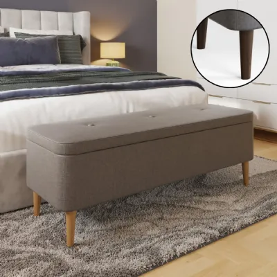 Grey Linen Ottoman Storage Bench With Solid Wooden Legs