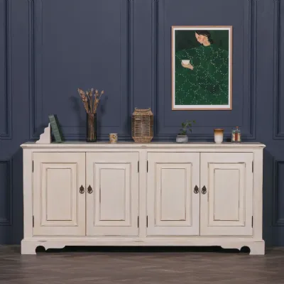 Distressed White Large 3 Door Sideboard Ornate Handles