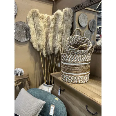 Set of 3 Natural And White Banana Raffia Twister Baskets