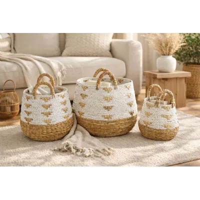 Set Of 3 Banana Raffia Basket With Motif
