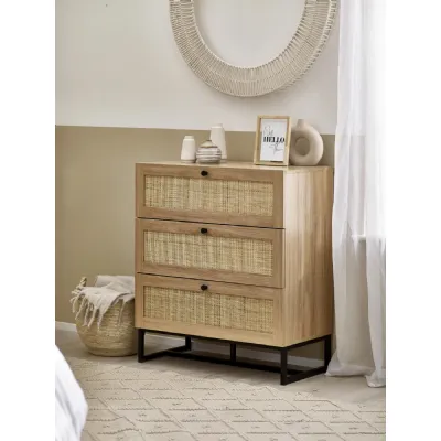 Industrial Style Oak Effect 3 Drawer Chest with Natural Rattan Fronts