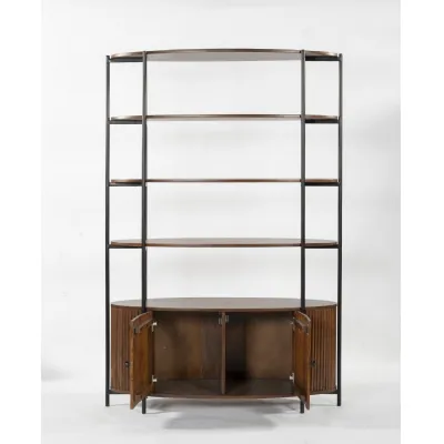 Dark Wood Black Metal Frame 2 Door Open Display Bookcase