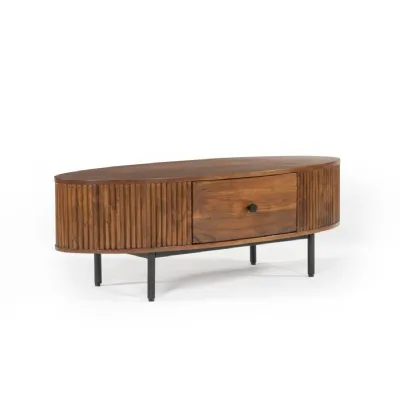 Natural Acacia Wood Large Oval Coffee Table with Drawer