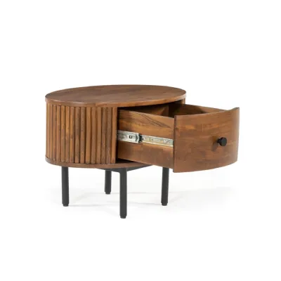 Industrial Solid Wood And Iron Oval Side Table with Drawer