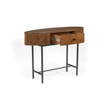 Acacia Wood Ribbed 1 Drawer Oval Console Table Black Legs