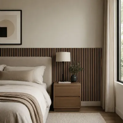 Set of 3 Modern Wood Veneer Acoustic Half Wall Slat Panels Deep Oak