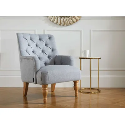 Grey Fabric Buttoned Back Armchair Wooden Legs