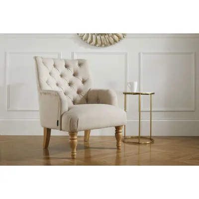 Wheat Fabric Buttoned Back Armchair Wooden Legs