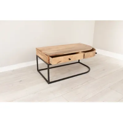 Natural Mango Wood 2 Drawer Curved Coffee Table Metal Framed
