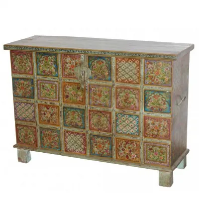 Multicoloured Hand Painted Wooden Sideboard Cabinet with Chest Lid