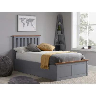 Stone Grey Wood Single Ottoman Bed Slatted Headboard