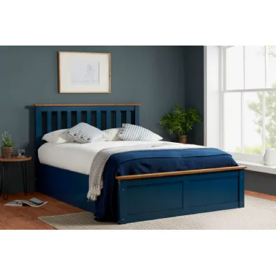 Navy Blue Wood Double Ottoman Bed Slatted Headboard