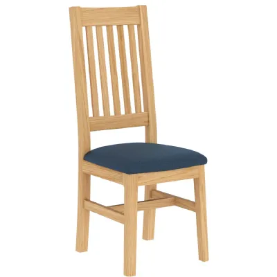Traditional Solid Light Oak Slatted Back Dining Chair with Upholstered Seat