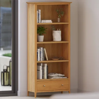 Large Oak Wood 3 Shelf Bookcase with Drawer