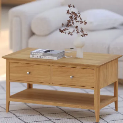 Shaker Style Solid Oak Rectangular 2 Drawer Coffee Table with Lower Shelf