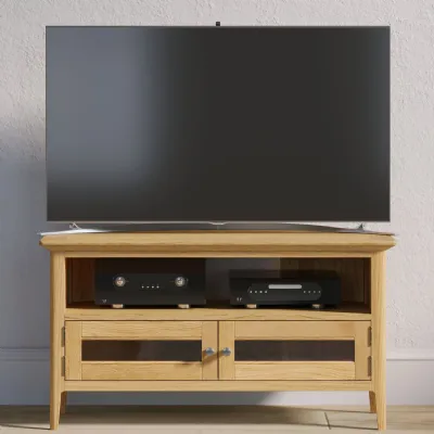 Modern Solid Oak Corner 2 Door TV Unit with Glazed Panels