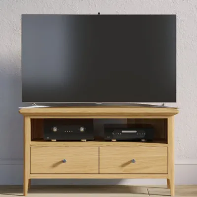 Scandi Style Solid Oak Corner 2 Drawer TV Unit with Open Shelf