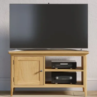 Classic Style Solid Oak Compact TV Unit with Cupboard and Open Shelving