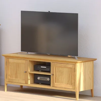 Modern Solid Oak Wide 2 Door TV Cabinet with Open Shelves