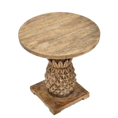 Artisan Round Mindi Wood Lamp Table with Carved Pineapple Pedestal
