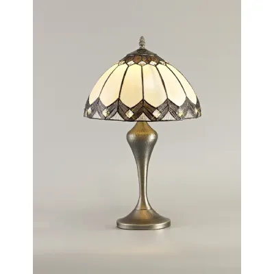 Merton Tiffany Table Lamp, 1 x E27, Aged Antique Brass Base Cream Brown Glass Clear Crystal