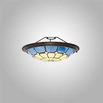 Hampshire, Tiffany 35cm Non electric Uplighter Shade, Cream Rich Blue Clear Crystal Centre Aged Antique Brass Trim