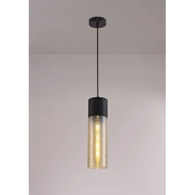 Chelmsford Single Tube Pendant 1 Light E27, Black Amber Glass